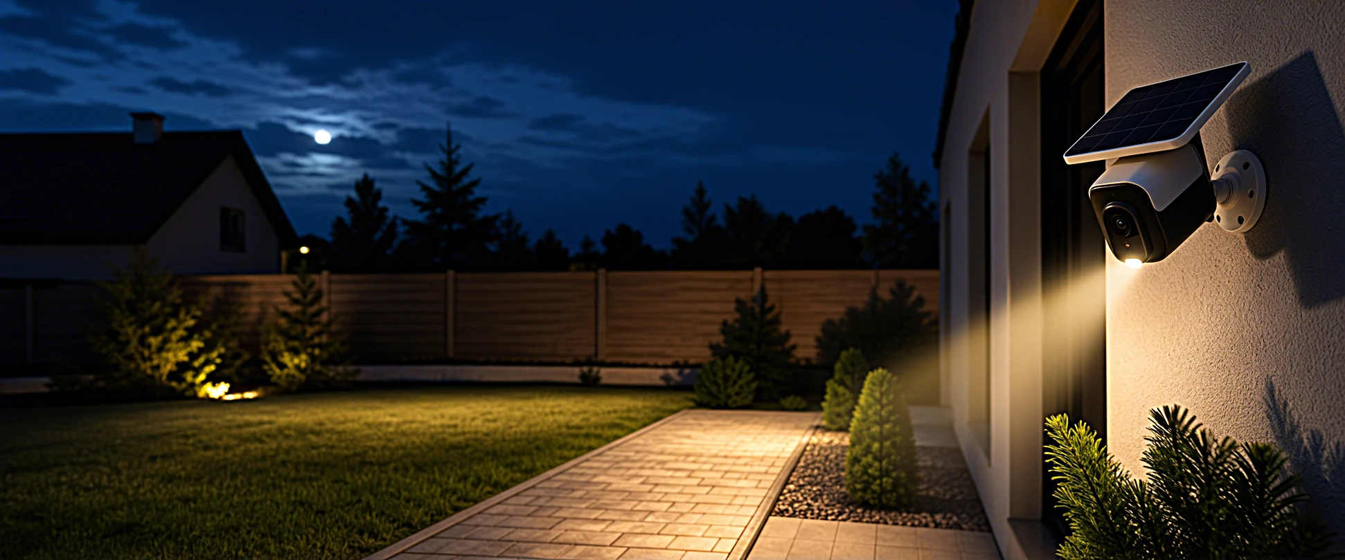 Solar-Überwachungskamera bei Nacht mit aktivem LED-Spotlight beleuchtet den Eingangsbereich