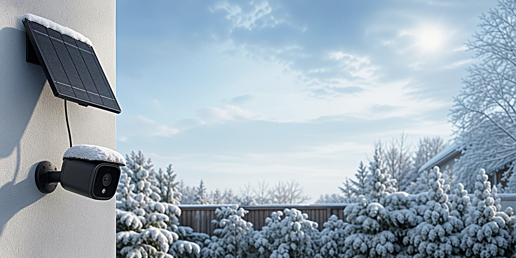 Solar-Überwachungskamera mit Schnee auf Panel und Kameragehäuse