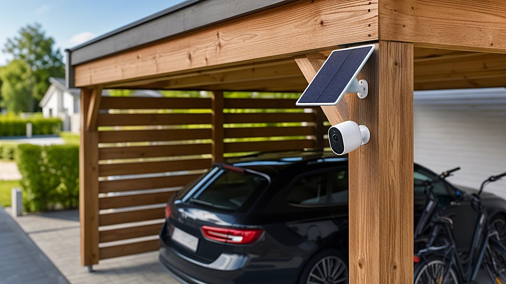 Kabellose Akku-Überwachungskamera mit Solarpanel am Carport ohne Steckdose montiert