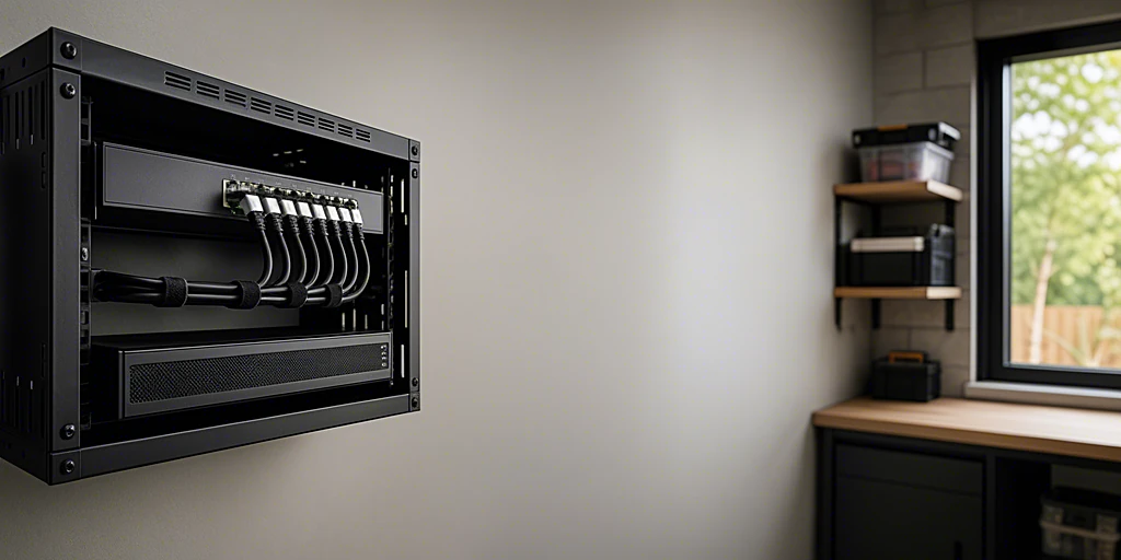 PoE-Switch und NVR-Rekorder im Netzwerkschrank mit Netzwerkkabeln