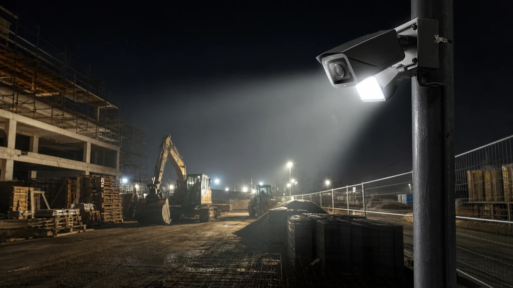 Baustellenkamera mit Flutlicht erkennt nachts einen Eindringling auf der Baustelle