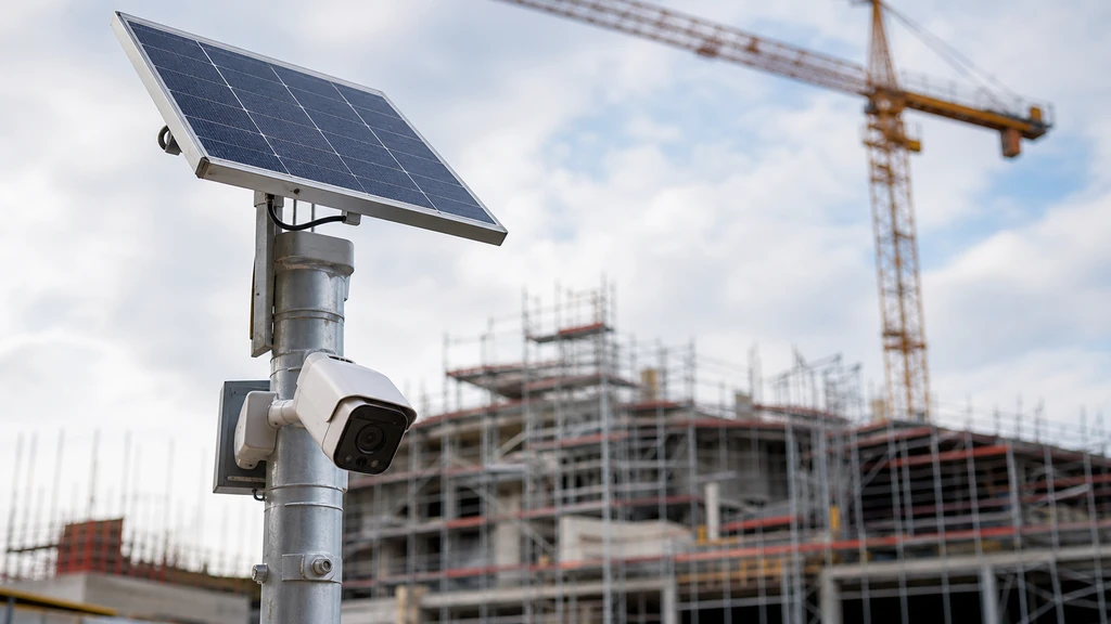Solarbetriebene Baustellenkamera auf einem Mast mit Solarpanel vor Gerüst und Baukran
