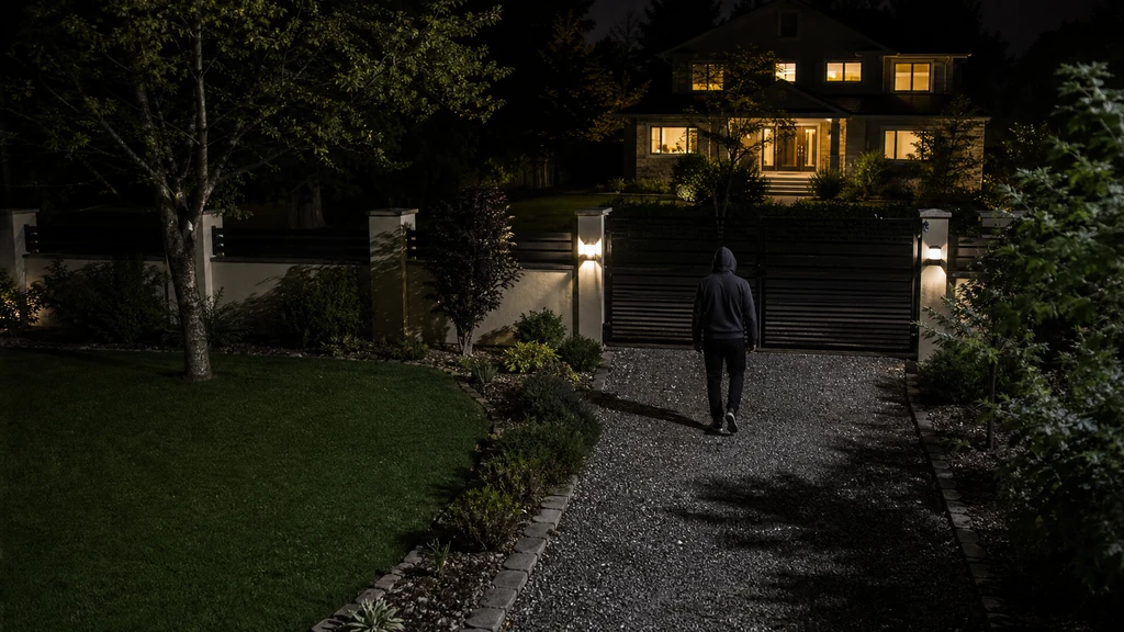 Überwachungskamera am Haus mit Farb-Nachtsicht erkennt nachts eine Person am Gartentor