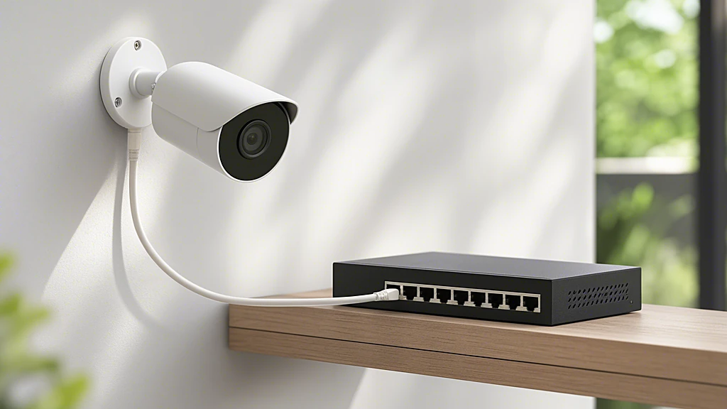 PoE-Überwachungskamera mit einem Netzwerkkabel am PoE-Switch