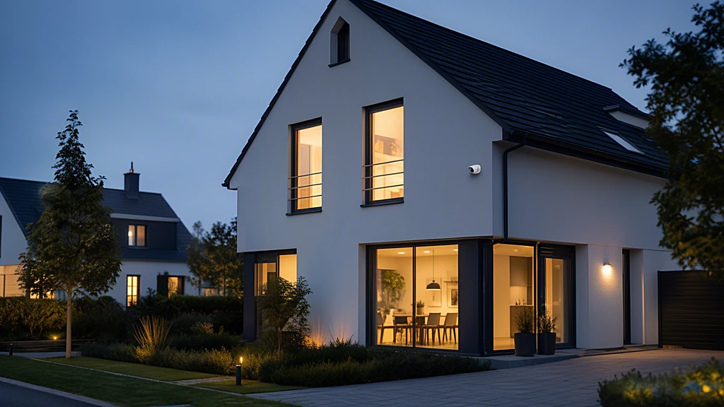 Modernes Einfamilienhaus mit Überwachungskamera in der Abenddämmerung