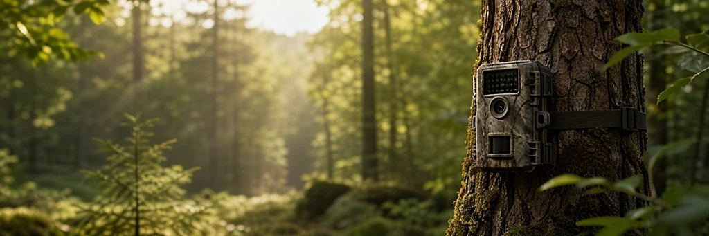 Getarnte Wildkamera mit Spanngurt an einem Baumstamm im sonnigen Wald montiert