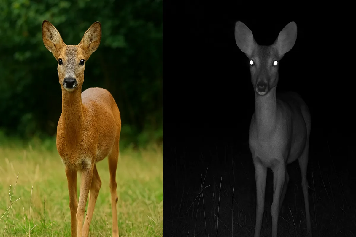 Tag und Nacht Vergleich von Wildkamera-Aufnahmen