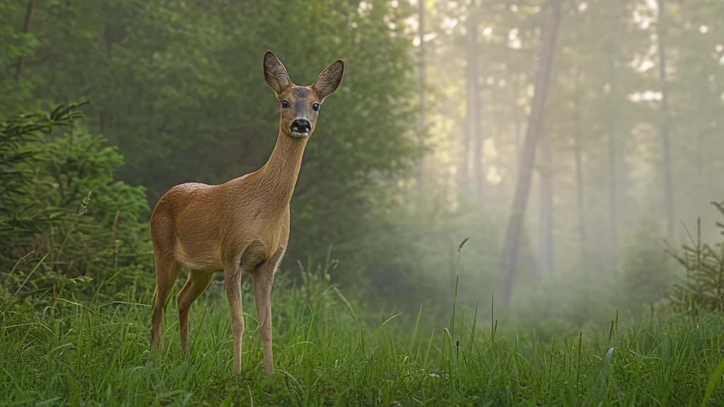 Reh in einer Waldlichtung im Morgennebel aus Sicht einer Wildkamera