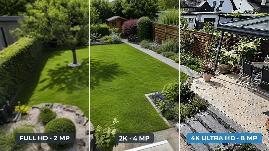 Auflösungsvergleich einer Gartenszene: Full HD, 2K und 4K Ultra HD im direkten Vergleich