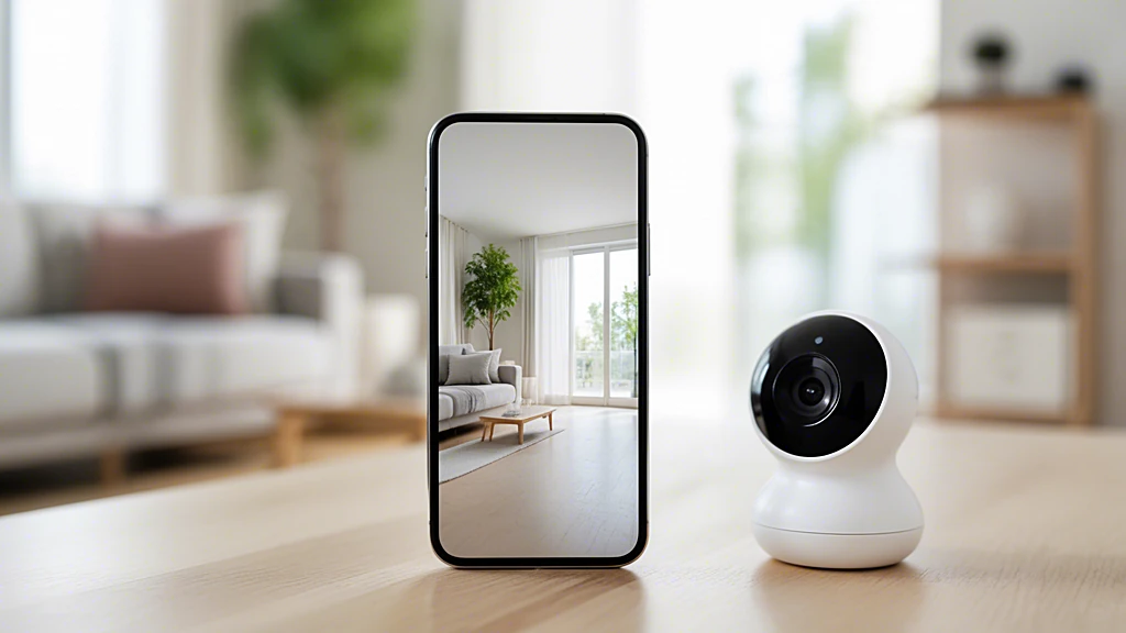 Smartphone mit Live-Kamera-App neben einer kleinen Mini-Überwachungskamera
