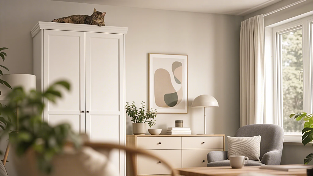 Getigerte Katze liegt oben auf einem hohen Schrank und blickt in den Raum