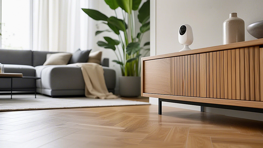 Kleine weiße Innenkamera auf einem niedrigen Sideboard, aufgenommen aus Bodenperspektive