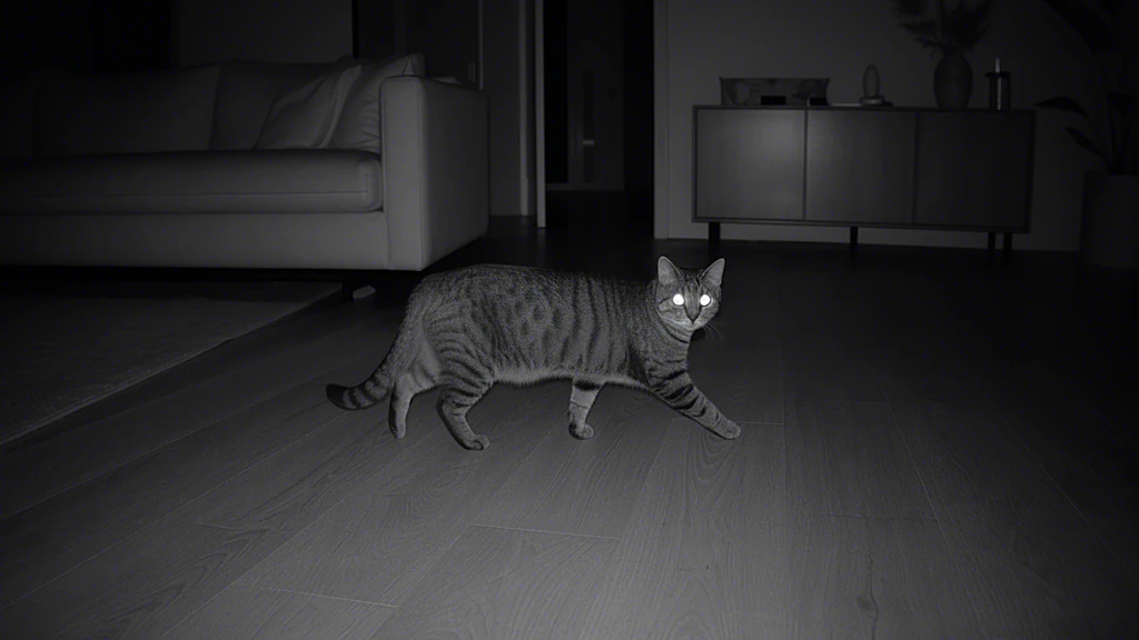 Infrarot-Nachtaufnahme: Katze läuft durch ein dunkles Wohnzimmer