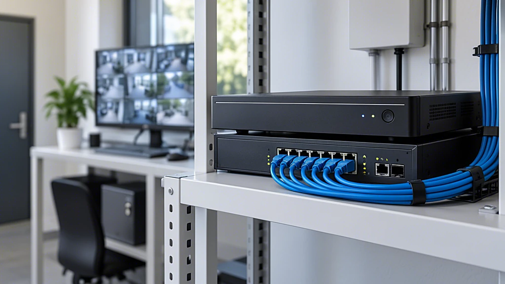 Netzwerk-Video-Rekorder und PoE-Switch mit blauen Netzwerkkabeln im Technikraum eines Büros