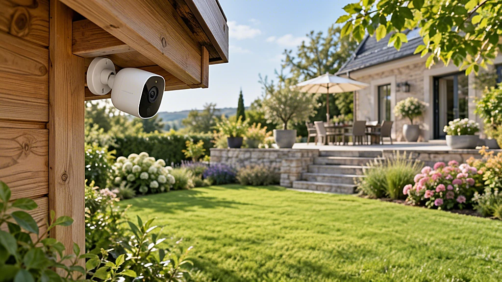 Weiße Überwachungskamera unter der Dachkante eines Gartenhauses mit Blick über den Rasen zum Haus