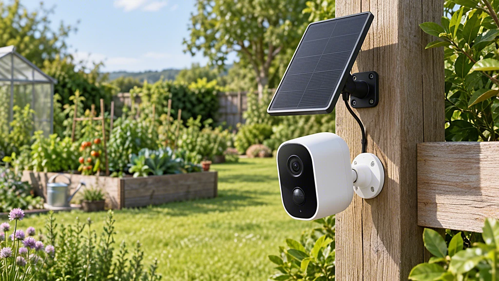 Kabellose Akku-Kamera mit Solarpanel an einem Holzpfosten am Rand eines Gemüsegartens