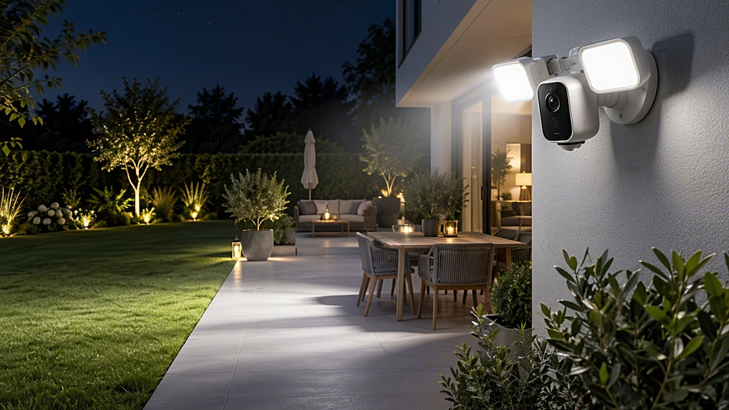Flutlichtkamera an der Hauswand beleuchtet nachts Terrasse und Rasen