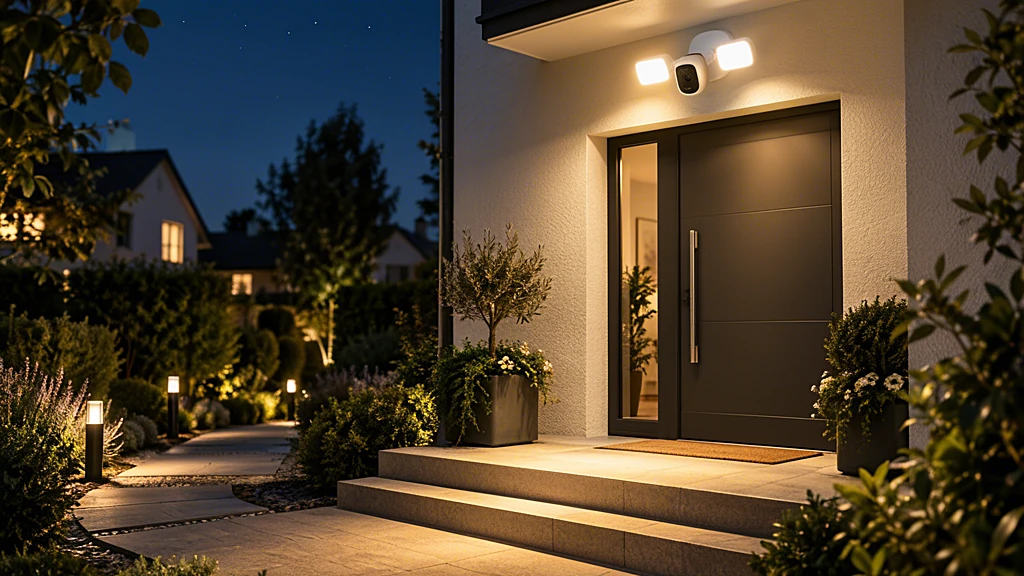 Flutlichtkamera über einer Haustür beleuchtet nachts Treppe und Gartenweg