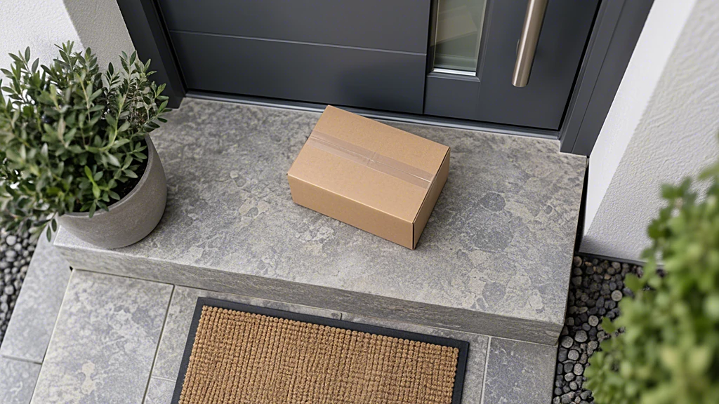 Paket auf der Steinstufe vor einer grauen Haustür, von schräg oben gesehen