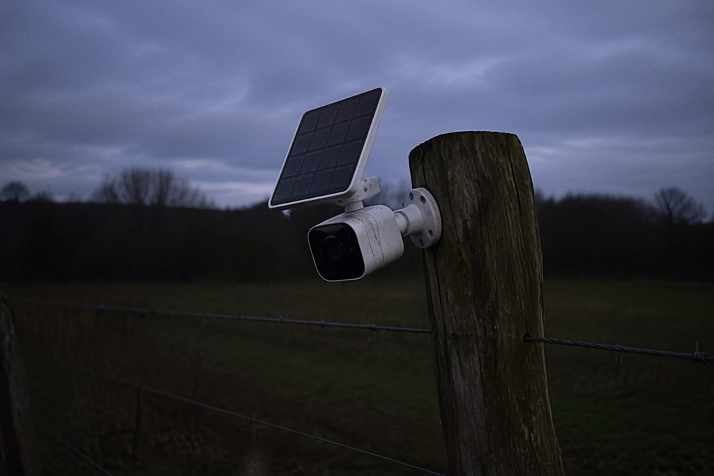 Akku-Überwachungskamera mit Solarpanel an einem verwitterten Zaunpfosten am Rand einer dunklen Weide