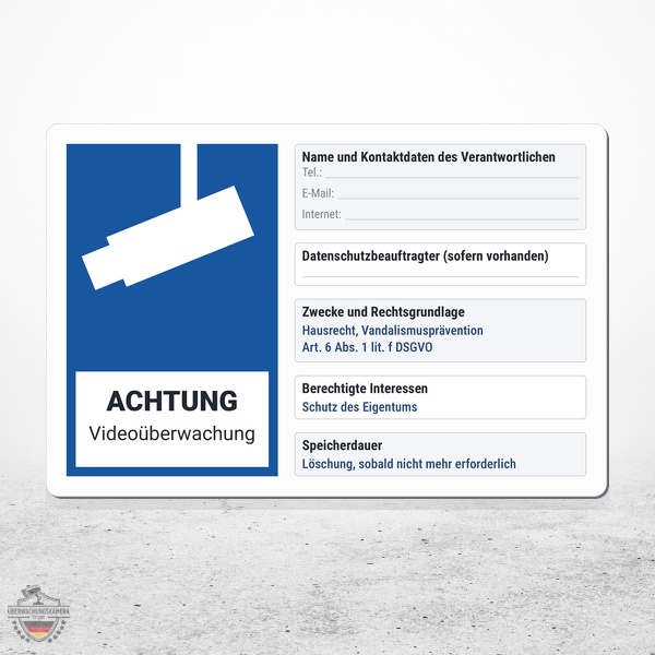 Hinweisschild Videoüberwachung nach DSGVO mit Feldern für die Pflichtangaben