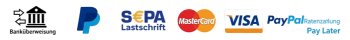 Zahlungsoptionen: Banküberweisung, PayPal, SEPA-Lastschrift, MasterCard, Visa, PayPal Ratenzahlung.